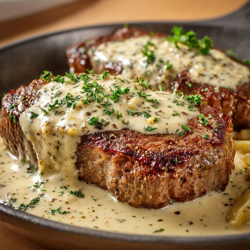 Steak au poivre nappé de pesto et d’herbes.