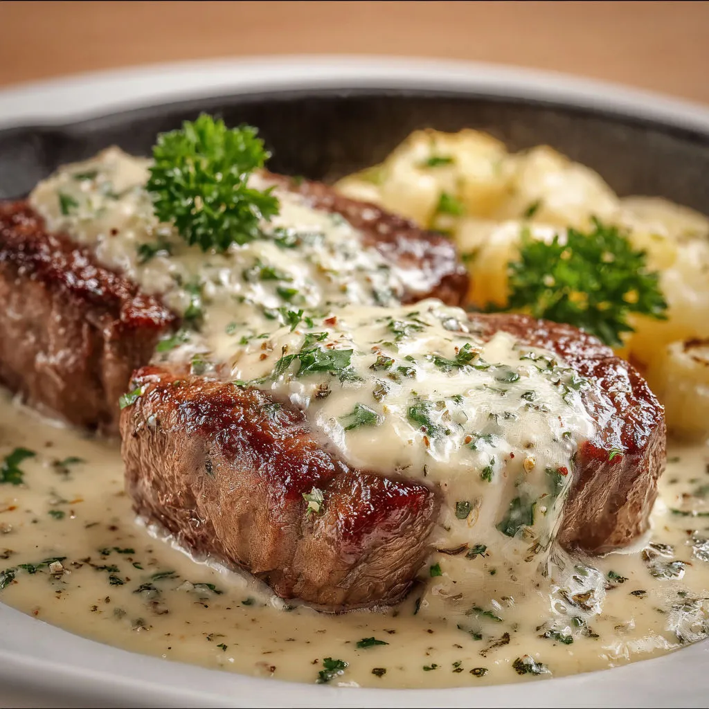 Steak au poivre servi avec pommes de terre et herbes fraîches.