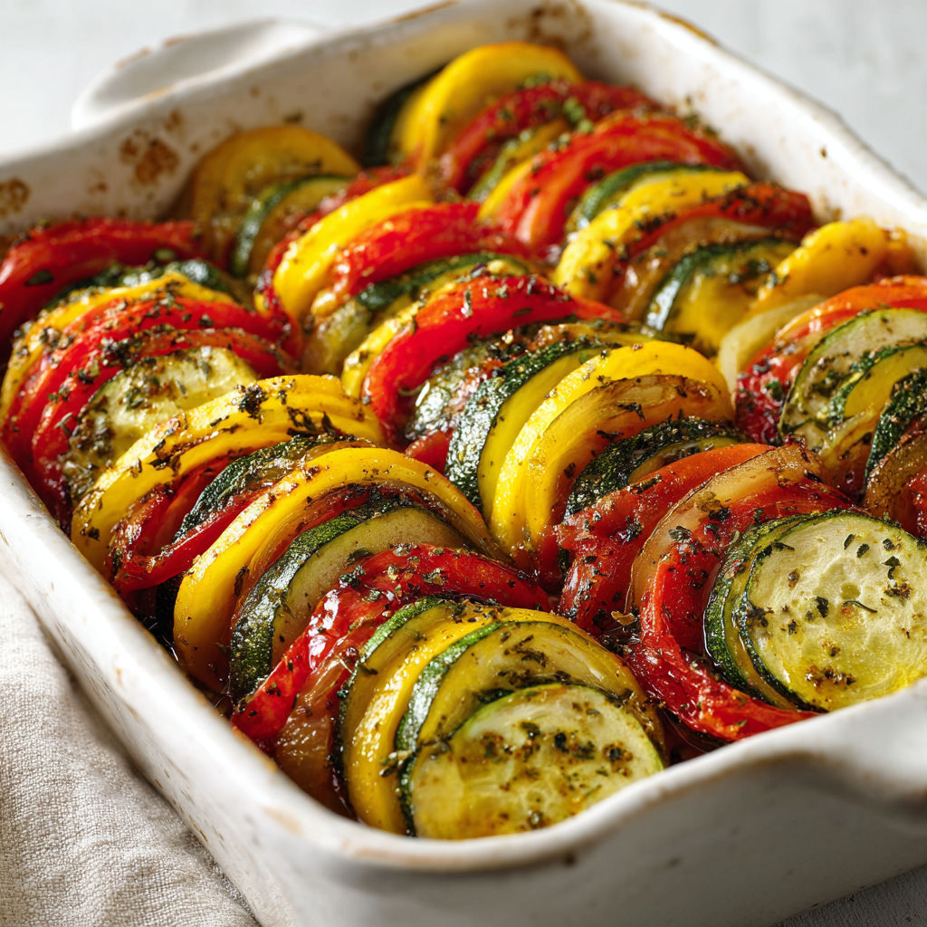 Plat en céramique rempli de légumes colorés comme des aubergines, courgettes et tomates