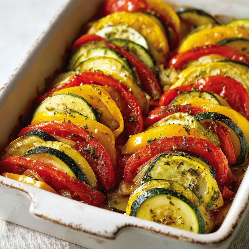 Tarte salée aux courgettes et tomates, avec des herbes, dans un plat en céramique