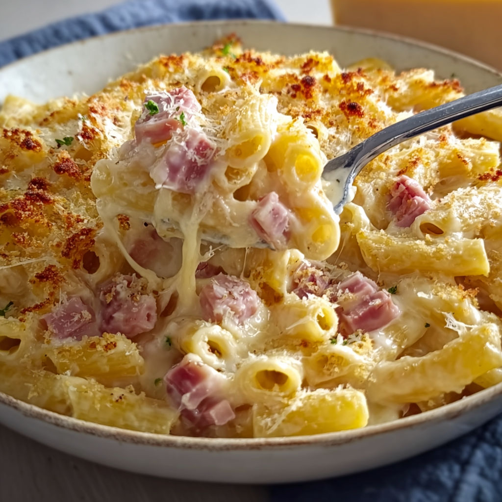 Un gratin de macaroni bien doré avec des légumes.