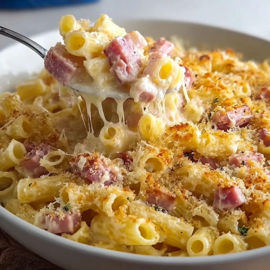 Des pâtes crémeuses jambon-fromage servies à la cuillère.