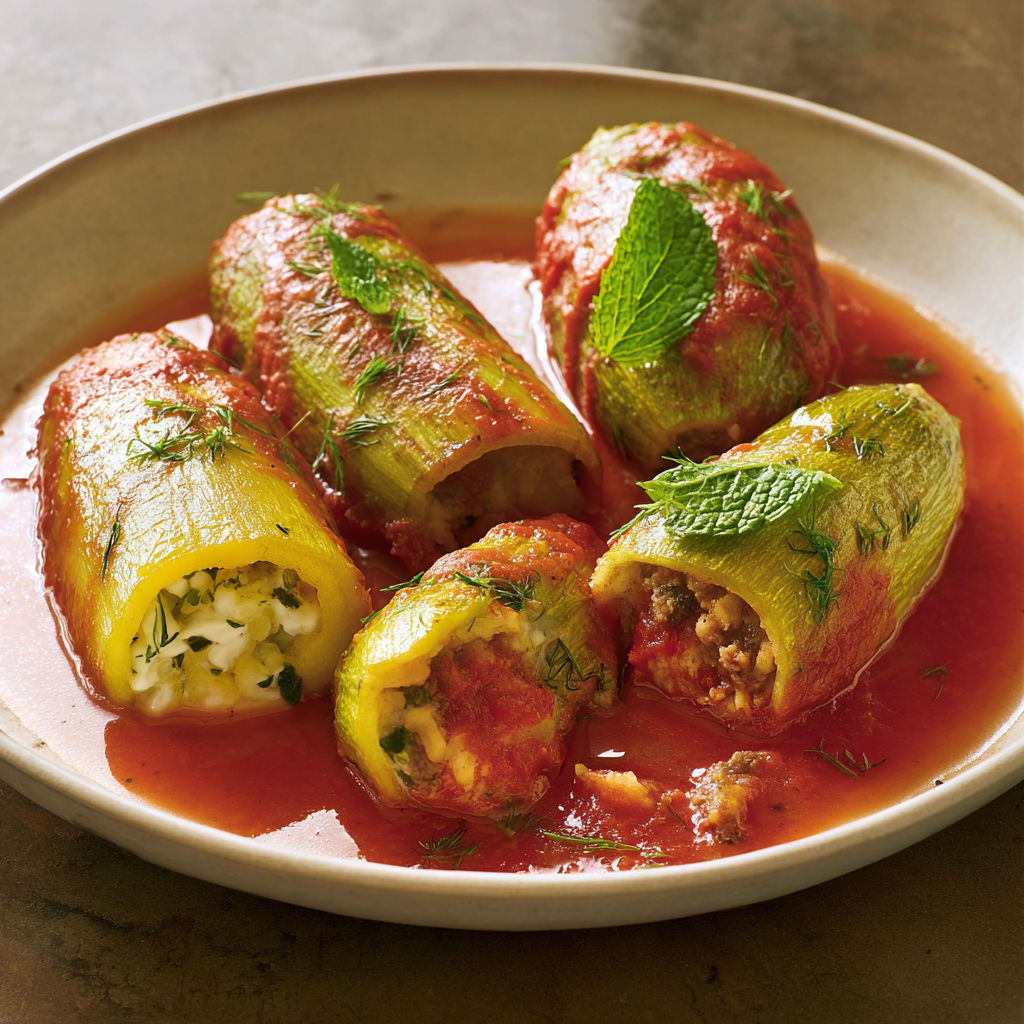 Plat de courgettes farcies en sauce tomate.