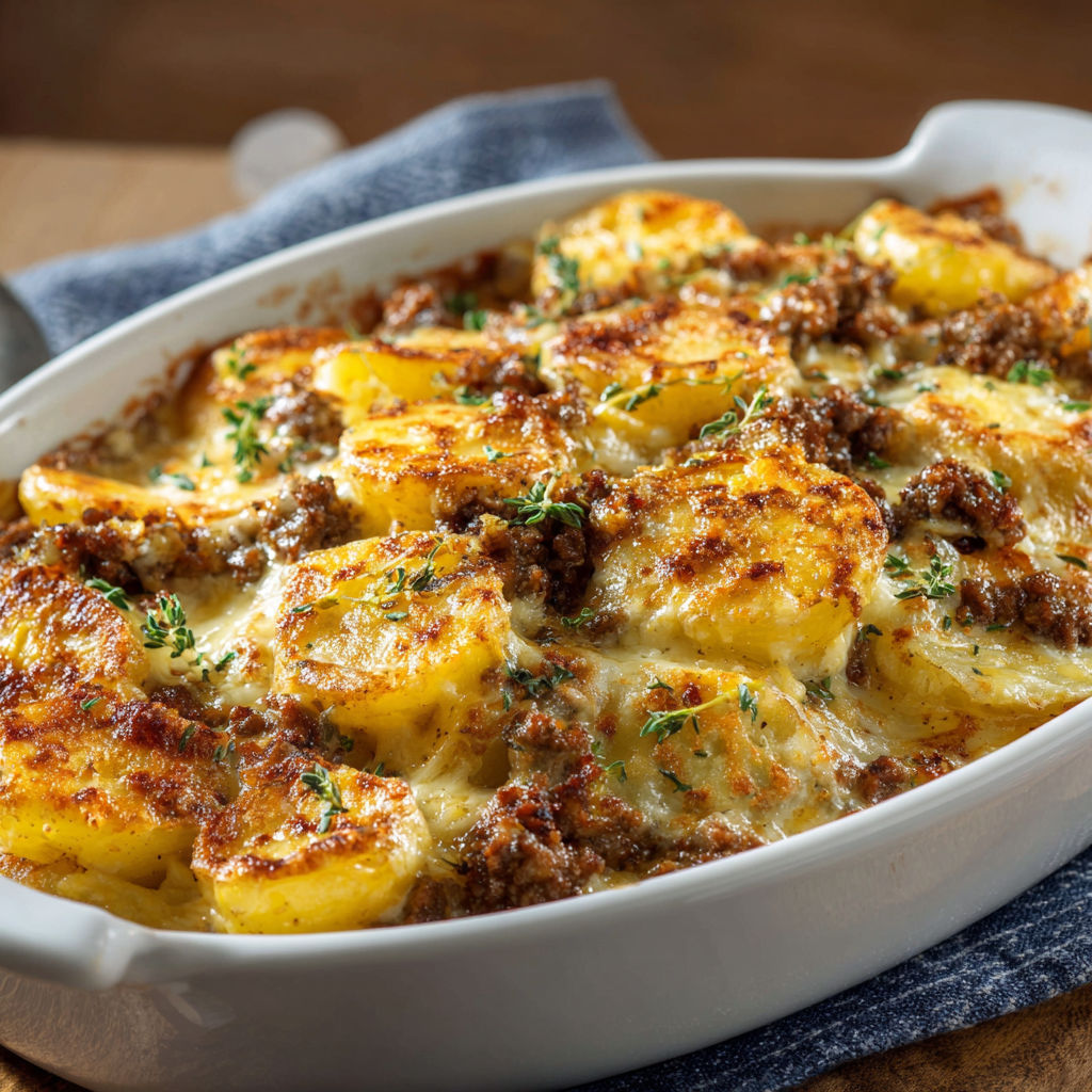Une part de gratin pommes de terre et bœuf gratiné, avec herbes et sauce, servie dans une assiette en porcelaine.