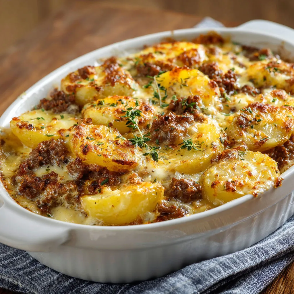 Un gratin de pommes de terre fondant, avec une croûte dorée et quelques champignons.