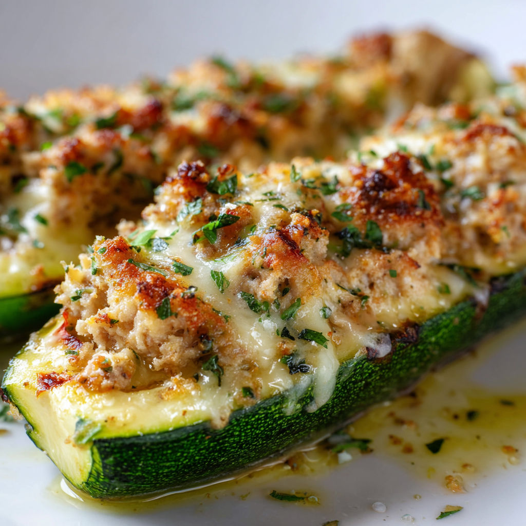 Courgettes farcies généreusement avec du thon et du fromage fondant sur une belle assiette blanche.