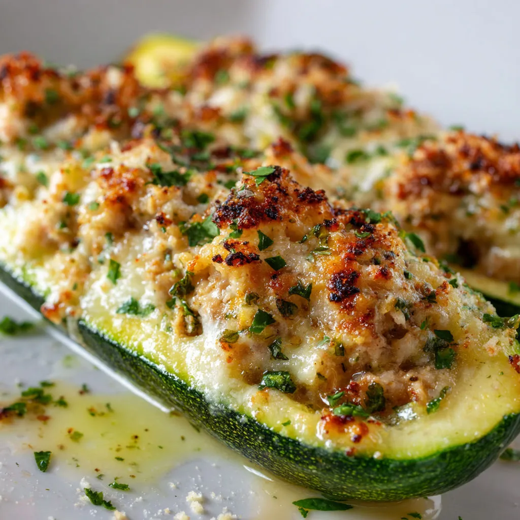 Barquette de légume gratinée au fromage et herbes, sur assiette blanche.