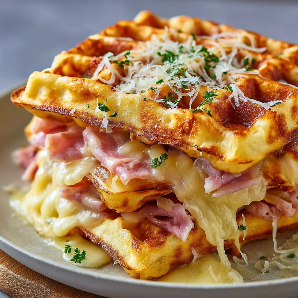 Une pile de gaufres au fromage et aux herbes, avec du jambon et du fromage visibles.