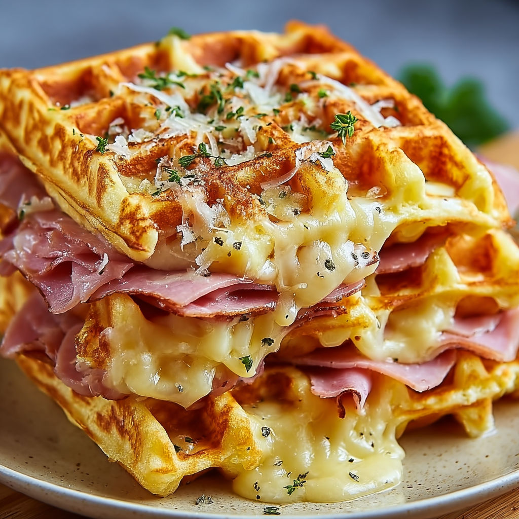 Une pile de gaufres au fromage et aux herbes, avec des morceaux de porc et des herbes fraîches.