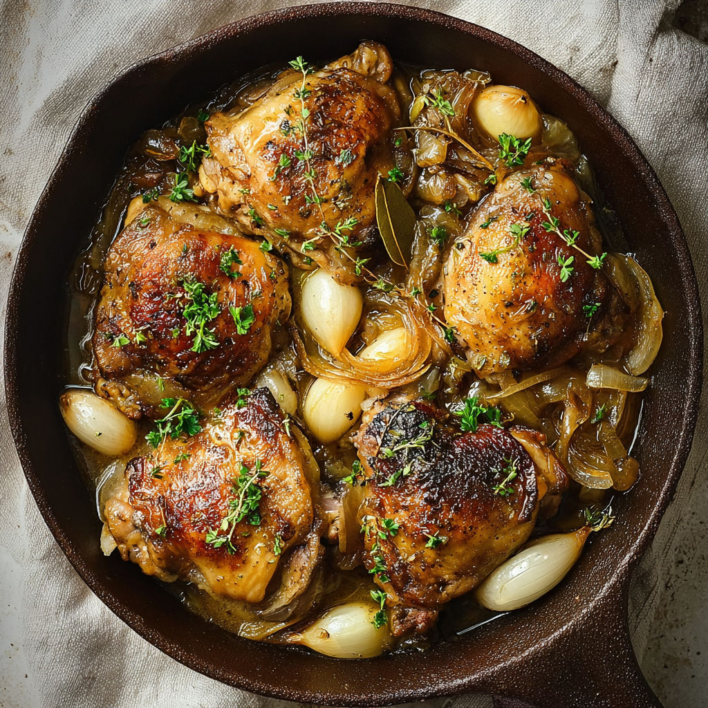 Cuisses de poulet aux oignons et ail dans une cocotte en fonte.