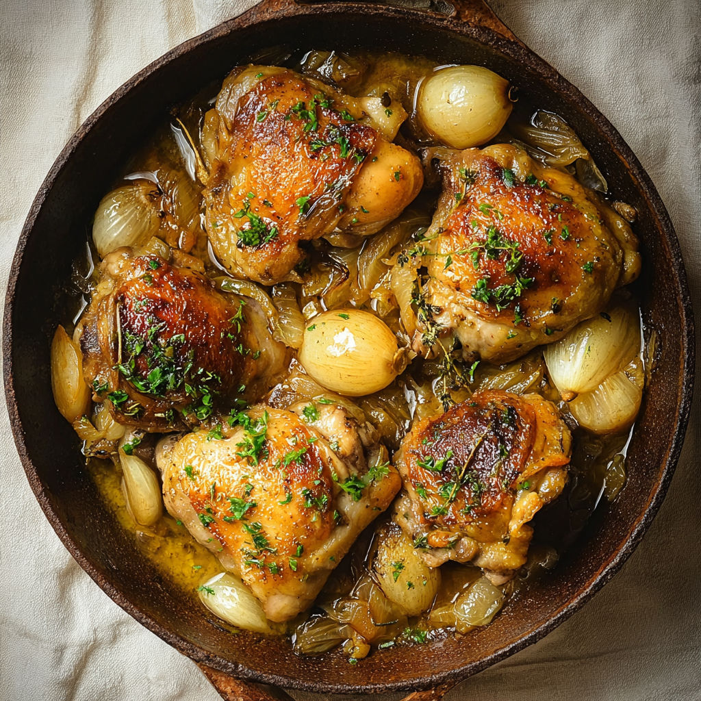 Cuisses de poulet mijotées, oignons et ail présentés dans un bol en terre cuite.