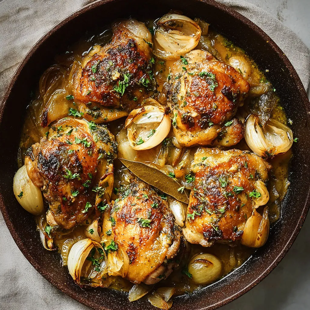 Cocotte de poulet mijoté, accompagnée d’oignons et de sauce parfumée au vin.