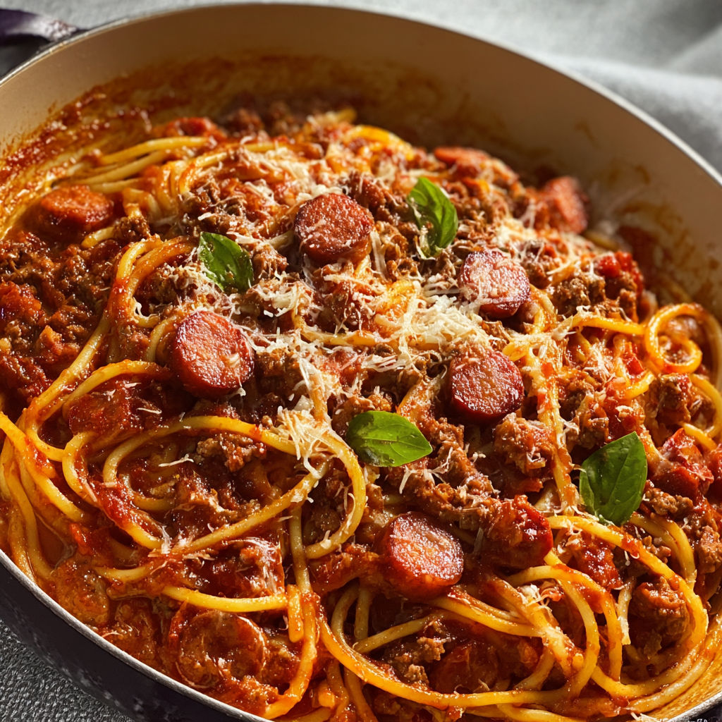 Spaghetti au bœuf avec saucisse fumée dans une casserole.