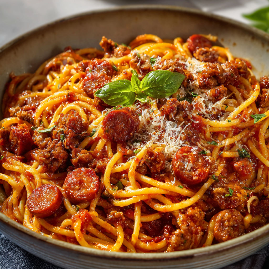 Spaghetti nappés de sauce tomate avec boulettes et feuilles de basilic.