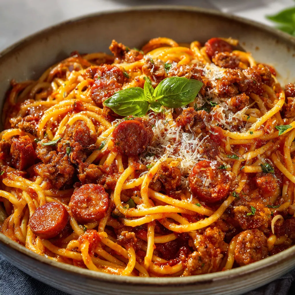 Spaghetti nappés de sauce tomate avec boulettes et feuilles de basilic.
