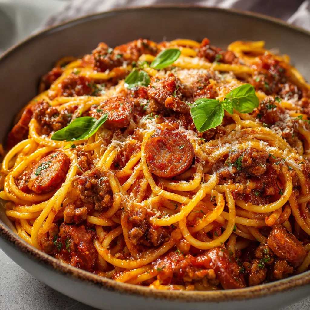 Spaghetti à la viande garnis d’herbes fraîches.