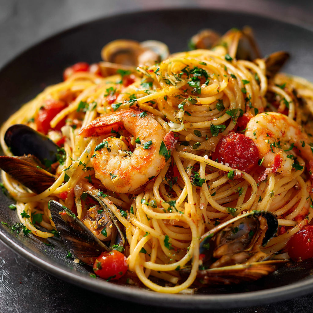 Assiette de spaghetti avec fruits de mer, tomates et moules servie sur une table gourmande.