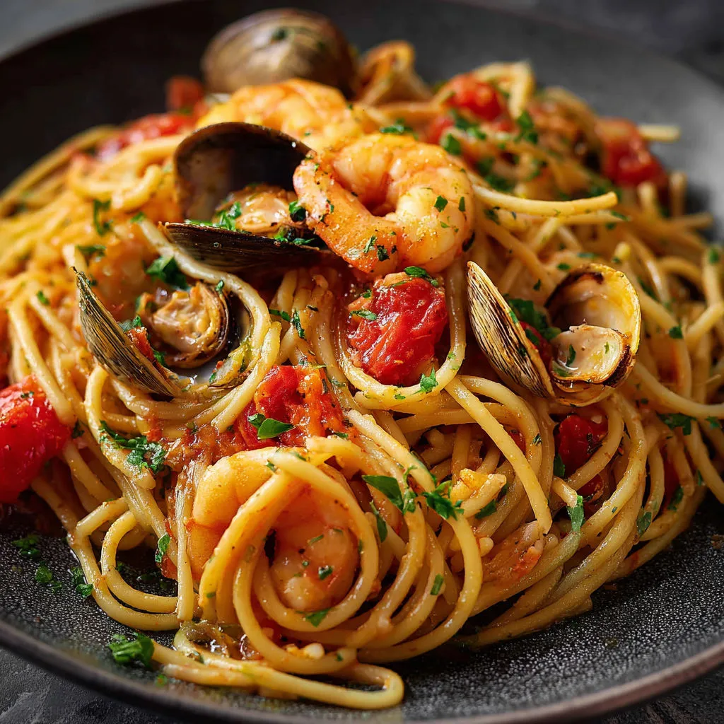 Une assiette de Spaghetti allo Scoglio garnie de moules, coquillages et tomates fraîches.