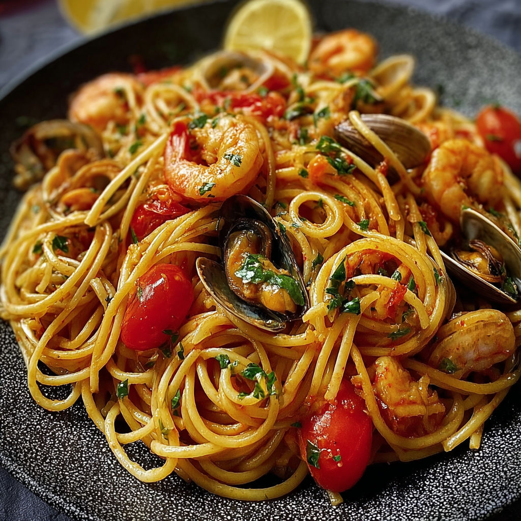 Une grande assiette de spaghetti allo scoglio avec tomates, coquillages et oignons frais.