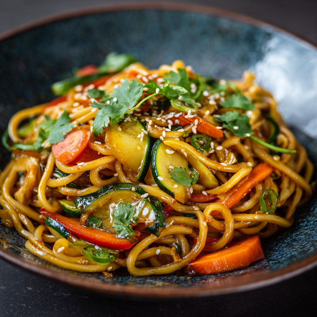 Une belle assiette de nouilles sautées avec des carottes, courgettes et autres légumes, présentée sur une table sombre.