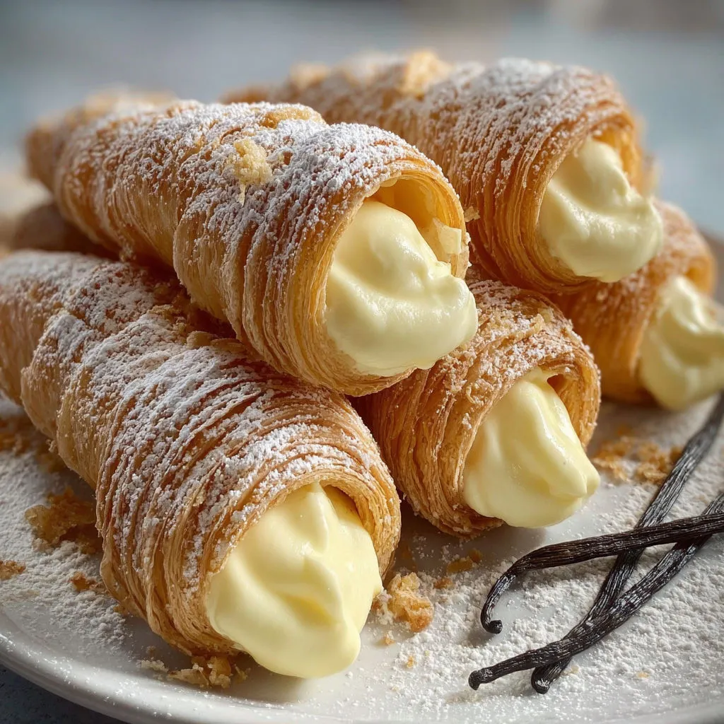Jolie assiette garnie de cornets feuilletés pleins de crème vanille.