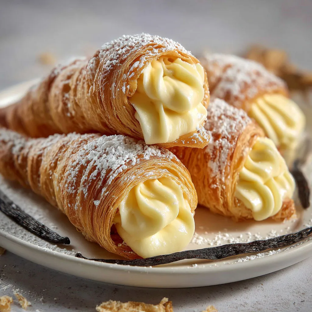 Plateau de cornets dorés remplis de crème vanillée, prêts à savourer.
