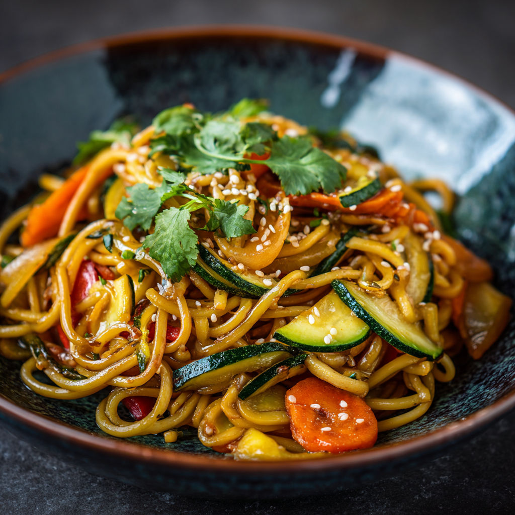 Assiette remplie de nouilles sautées garnies de légumes variés et colorés comme carottes, courgette, oignons et épinards, posée sur une table.