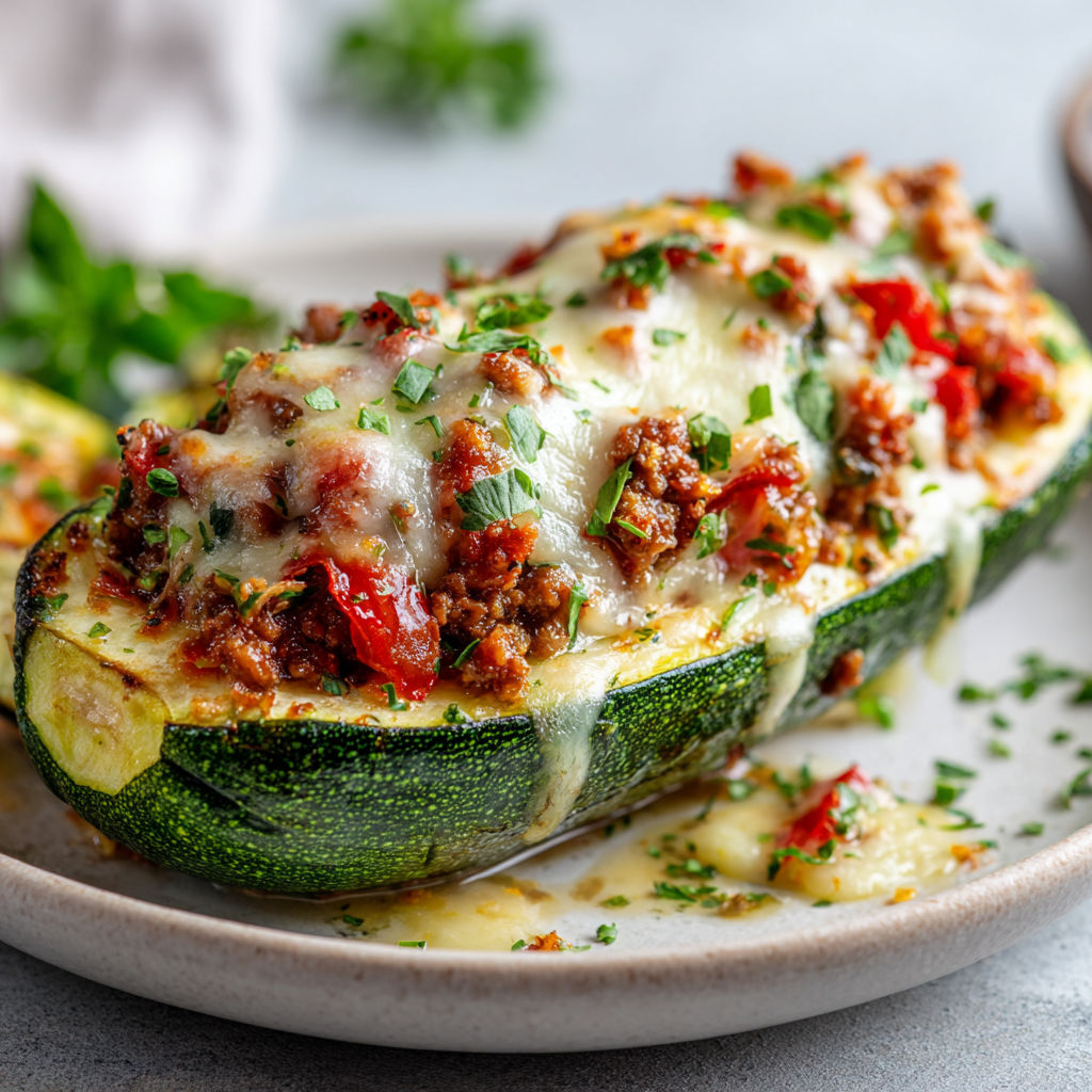 Courgette moelleuse farcie à la viande et fromage servie sur une assiette.