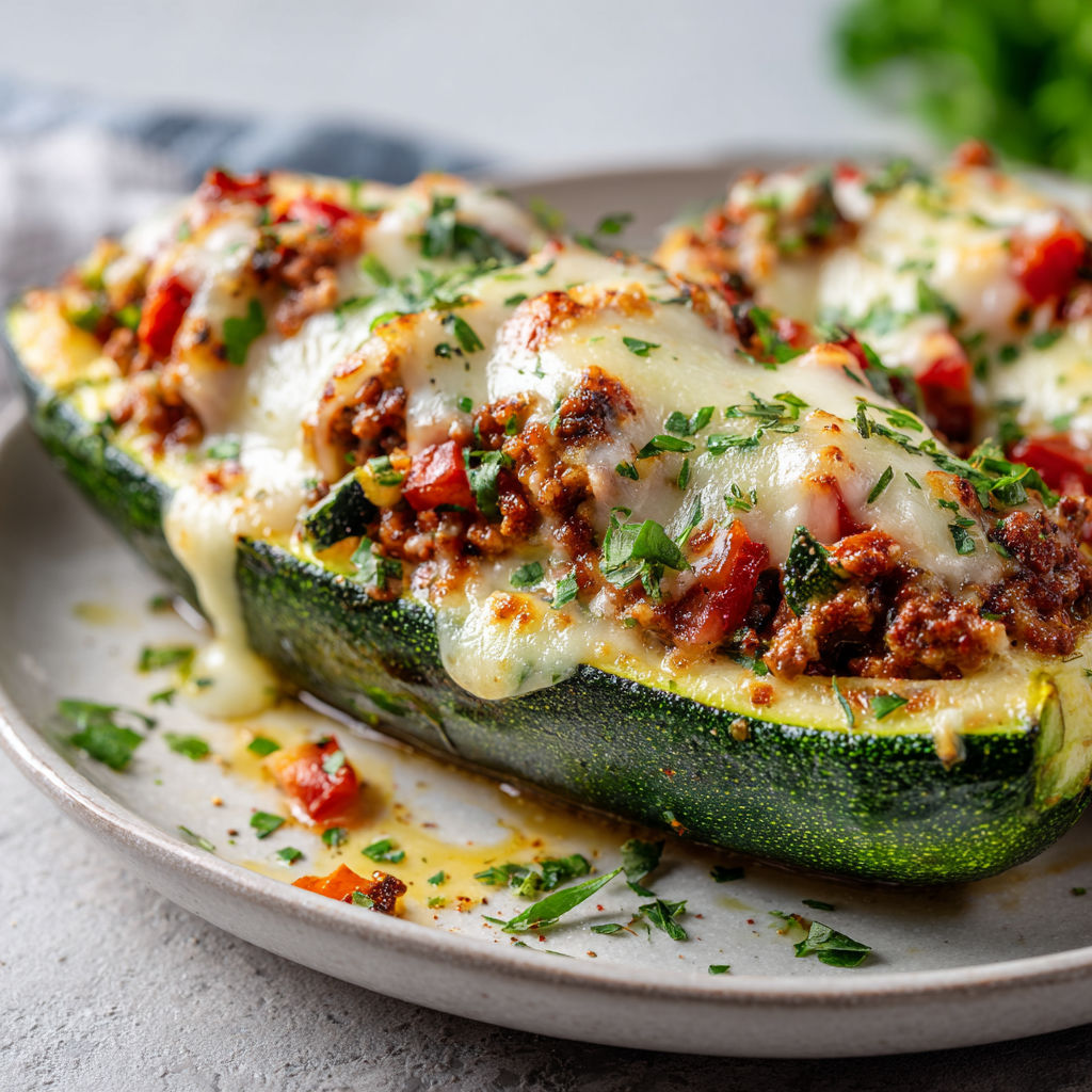 Un poivron farci de fromage et de tomates présenté sur une assiette.