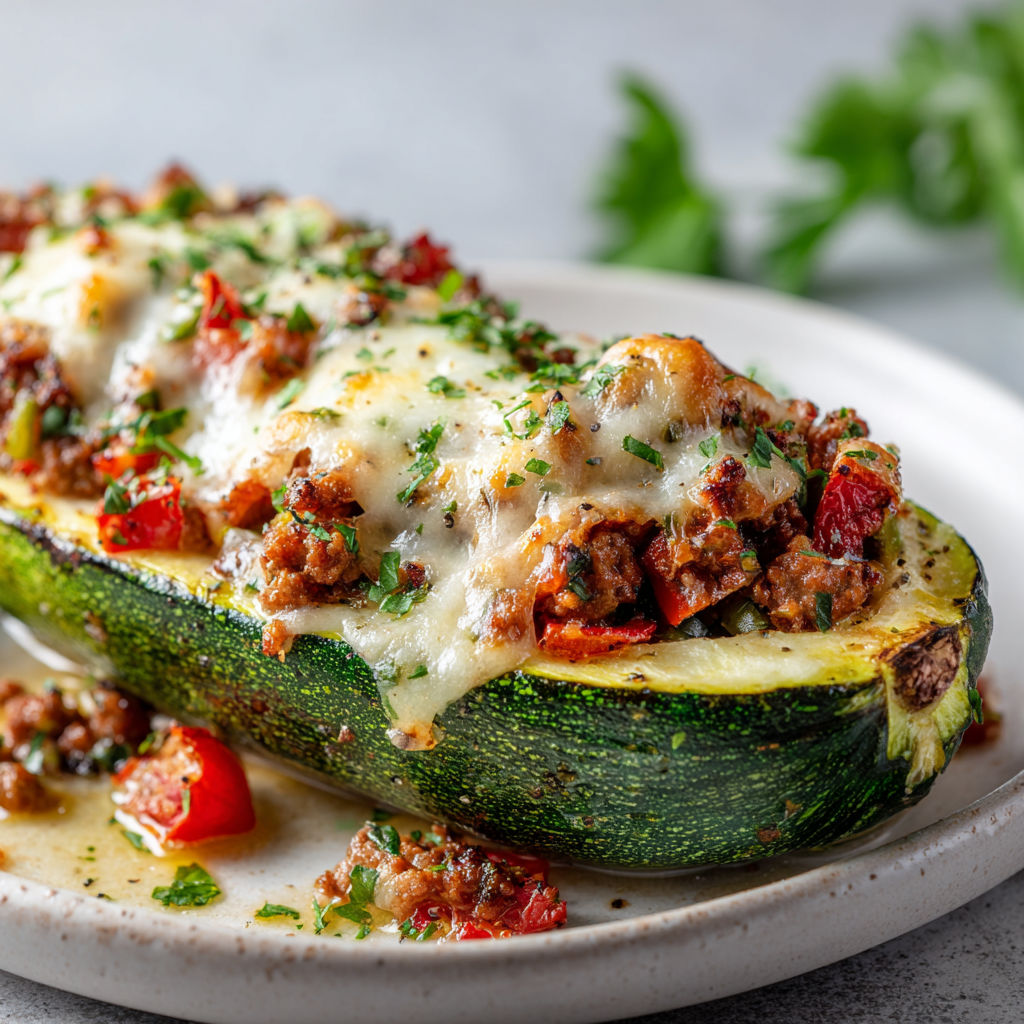 Une belle courgette garnie de farce et fromage avec un peu de salade à côté.
