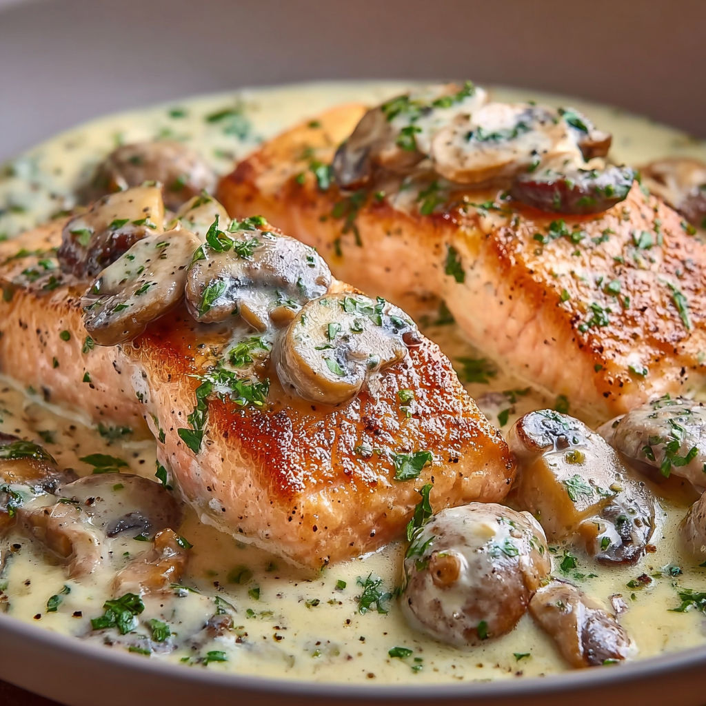 Saumon nappé de sauce champignon et herbes fraîches