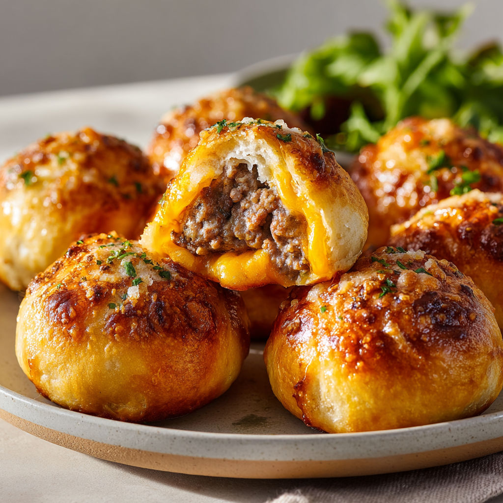 Boulettes moelleuses au cheddar, parmesan et herbes fraîches sur une assiette.