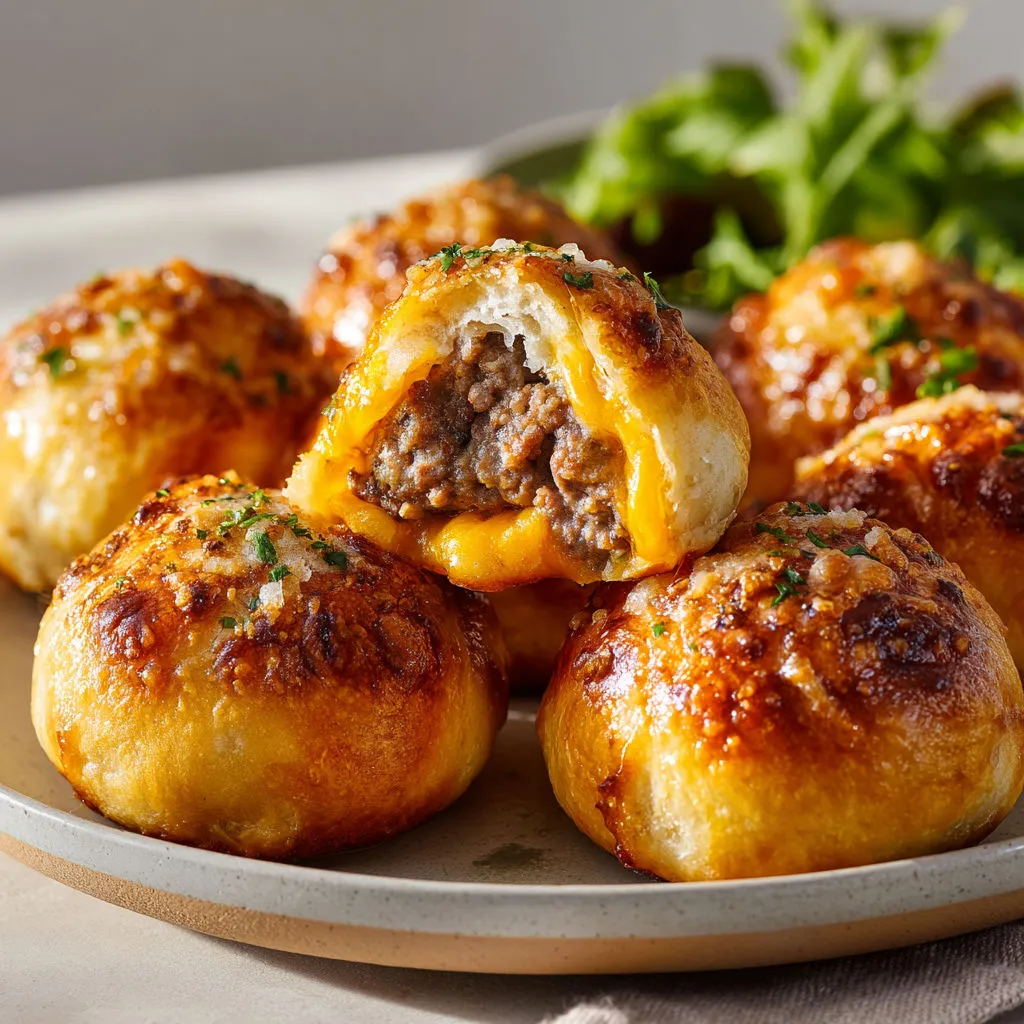Boulettes moelleuses au cheddar, parmesan et herbes fraîches sur une assiette.