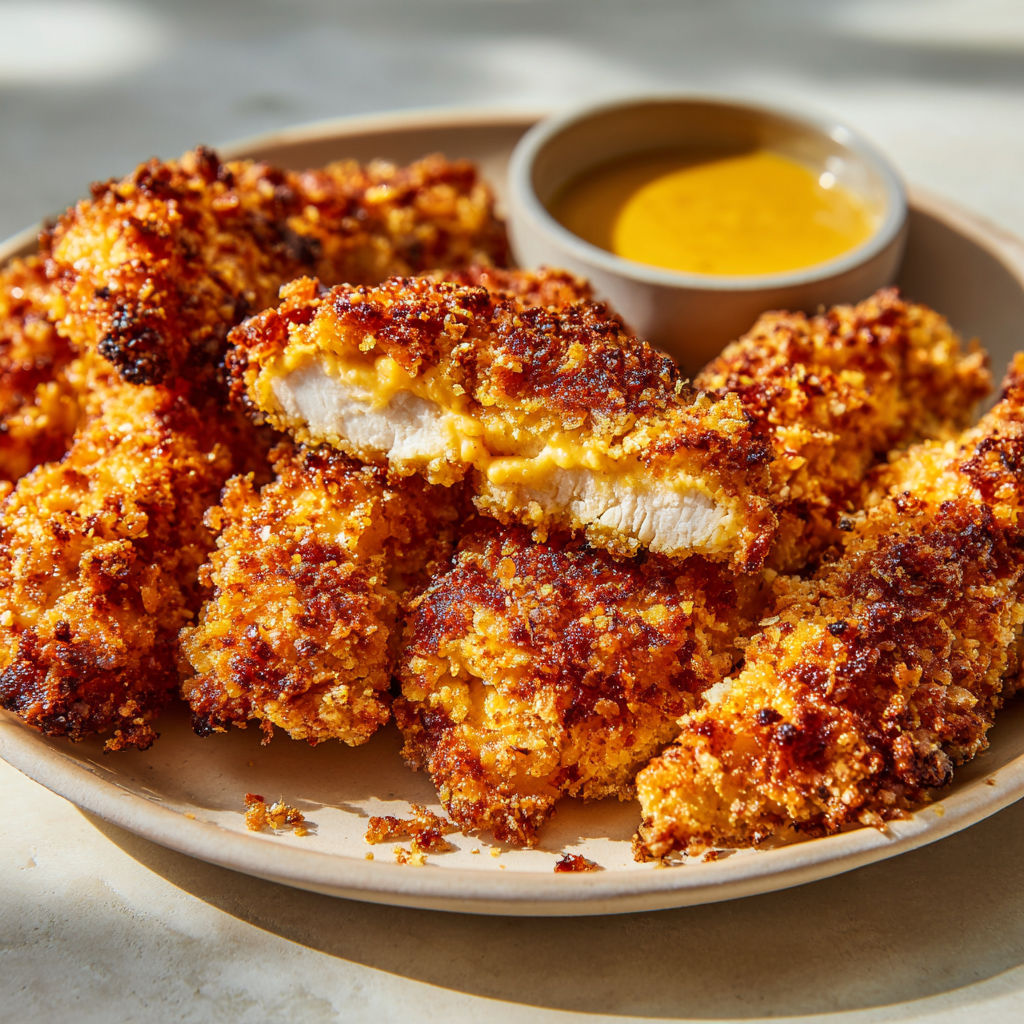 Délicieux filets de poulet croustillants avec une sauce d’accompagnement.