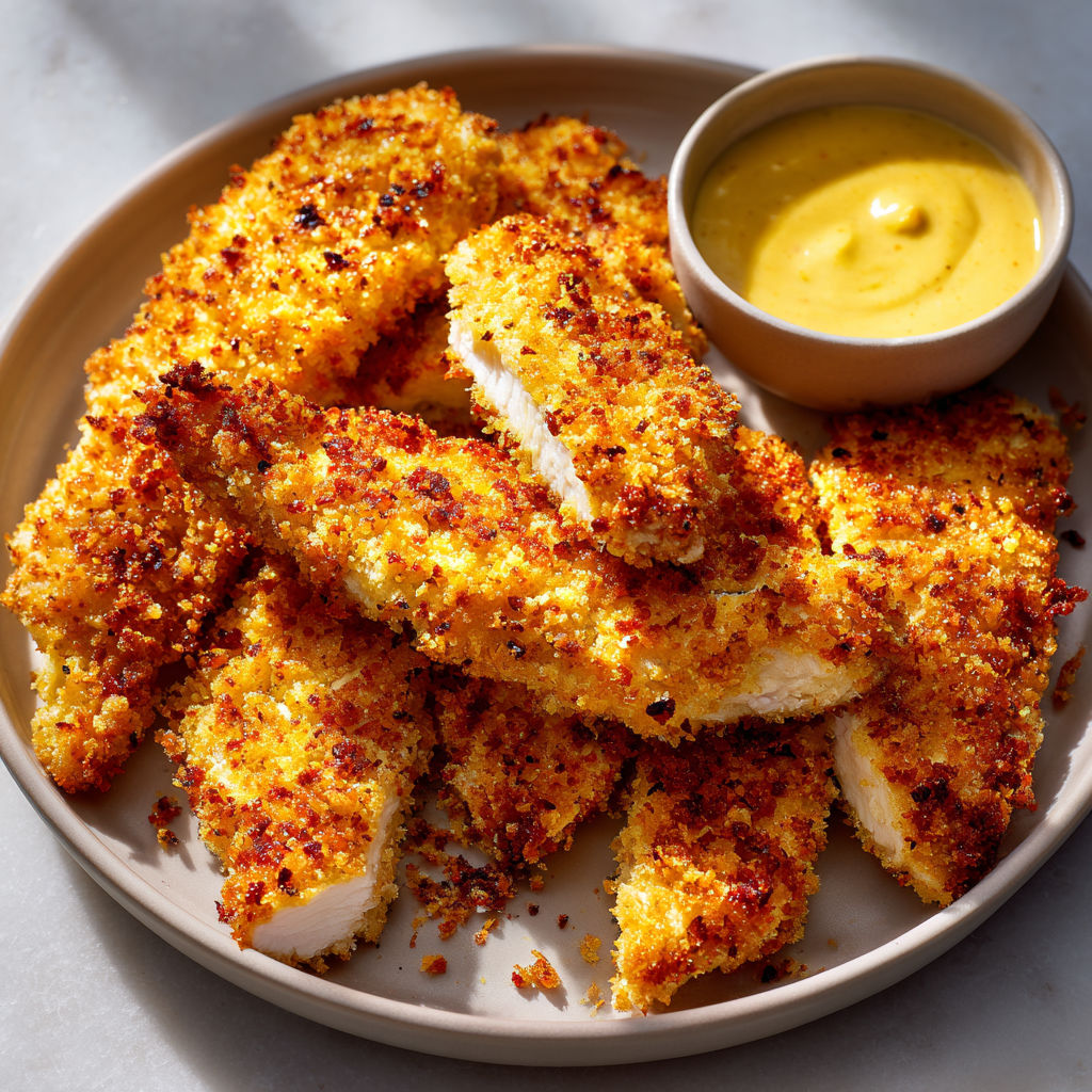Des morceaux de poulet pané et croustillant sont présentés sur un plateau, accompagnés d’une sauce au yaourt.