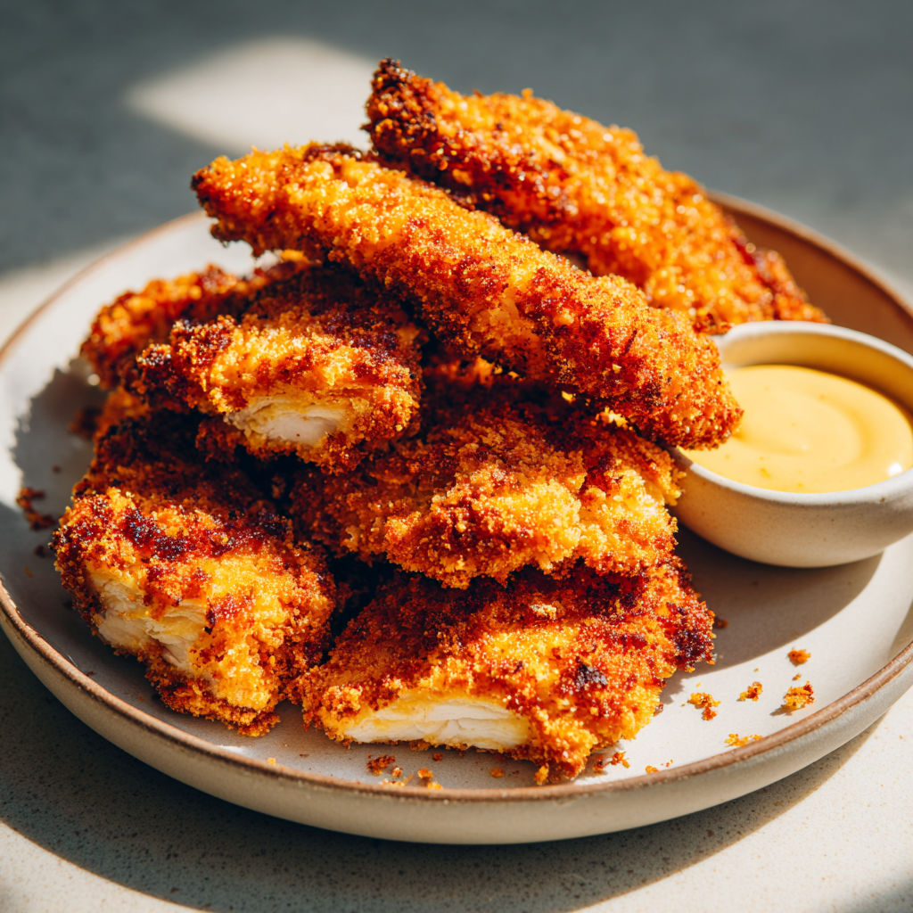 Un tas de filets de poulet dorés servis sur un plateau.