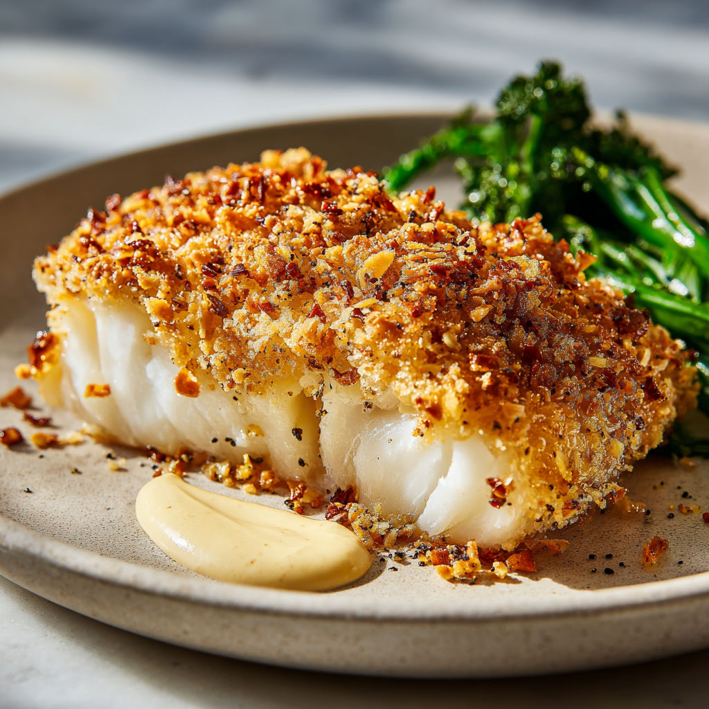 Un poisson croustillant avec des légumes verts sur une assiette.