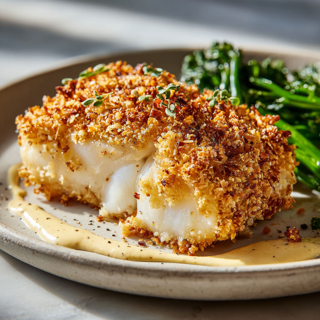 Un filet de poisson croustillant aux herbes avec des légumes verts sur une assiette.