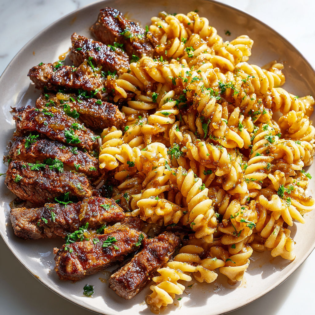 Rotinis et steak tendres au miel et à l'ail présentés élégamment.