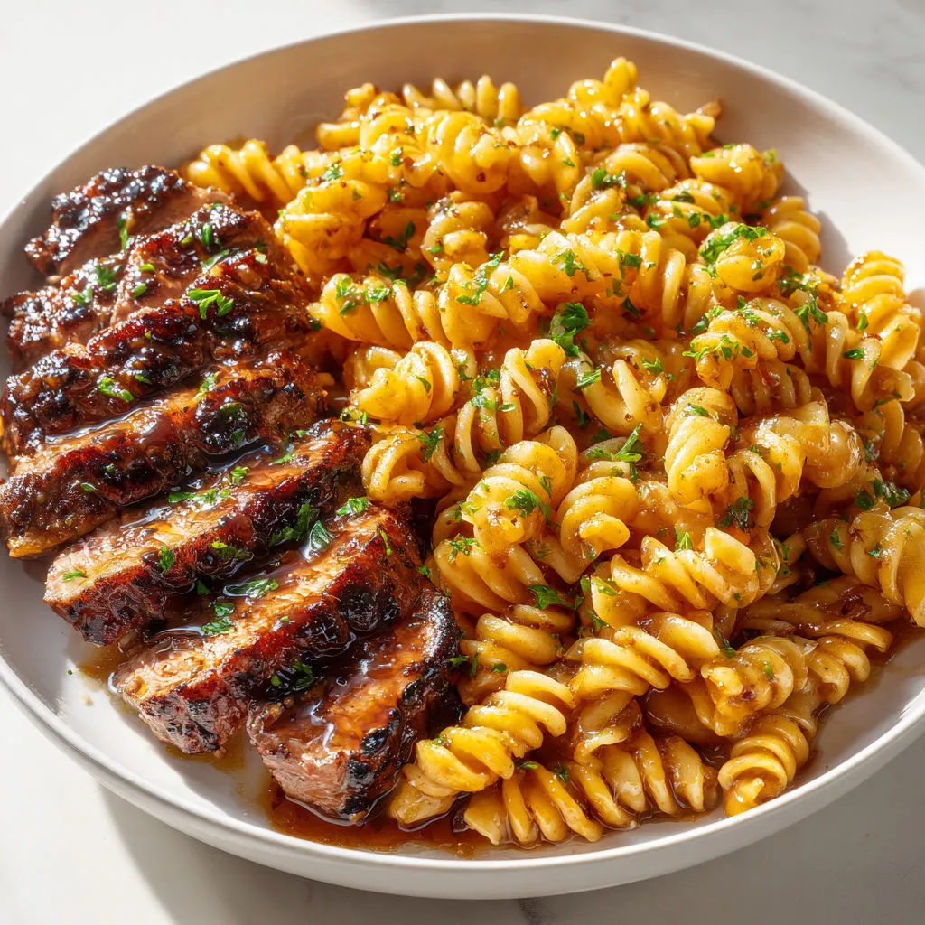 Une assiette avec des rotinis et un morceau de viande grillée.
