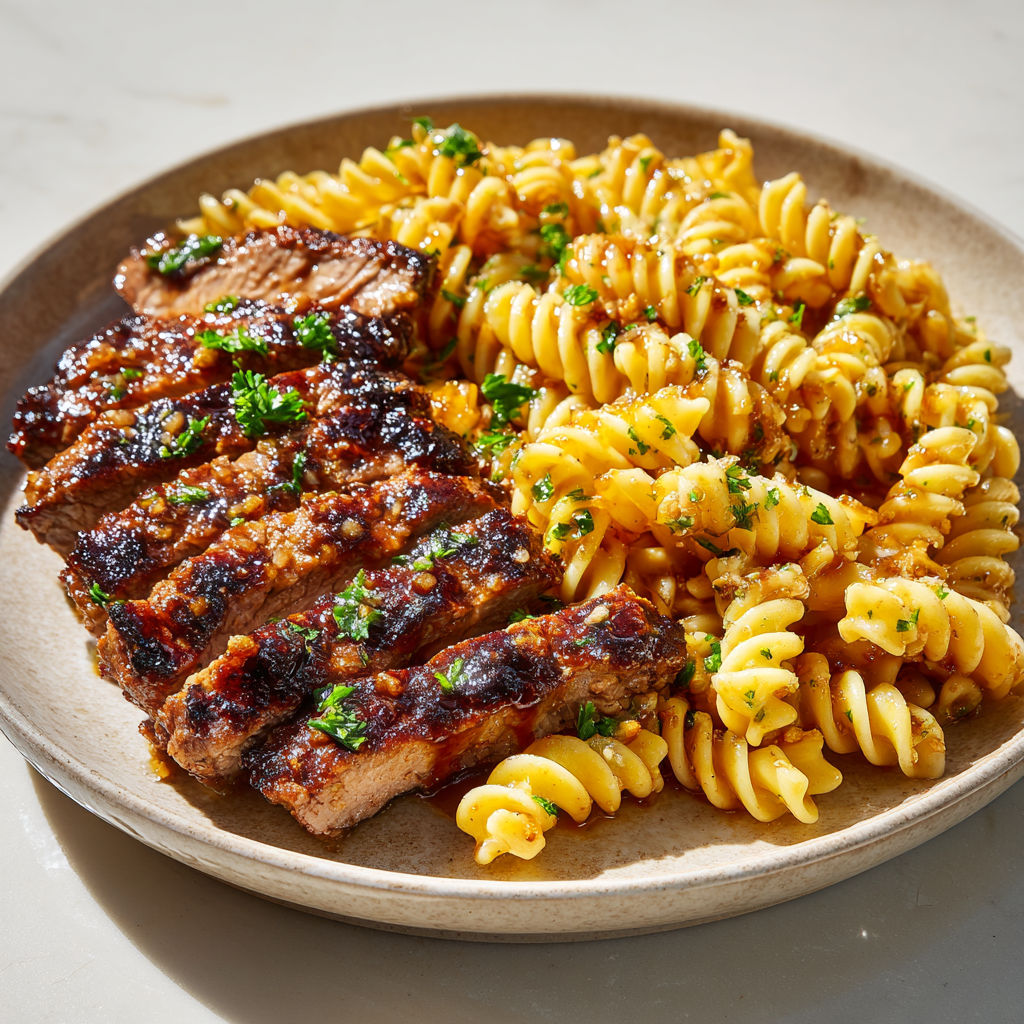 Viande grillée avec des rotinis et des herbes fraîches.