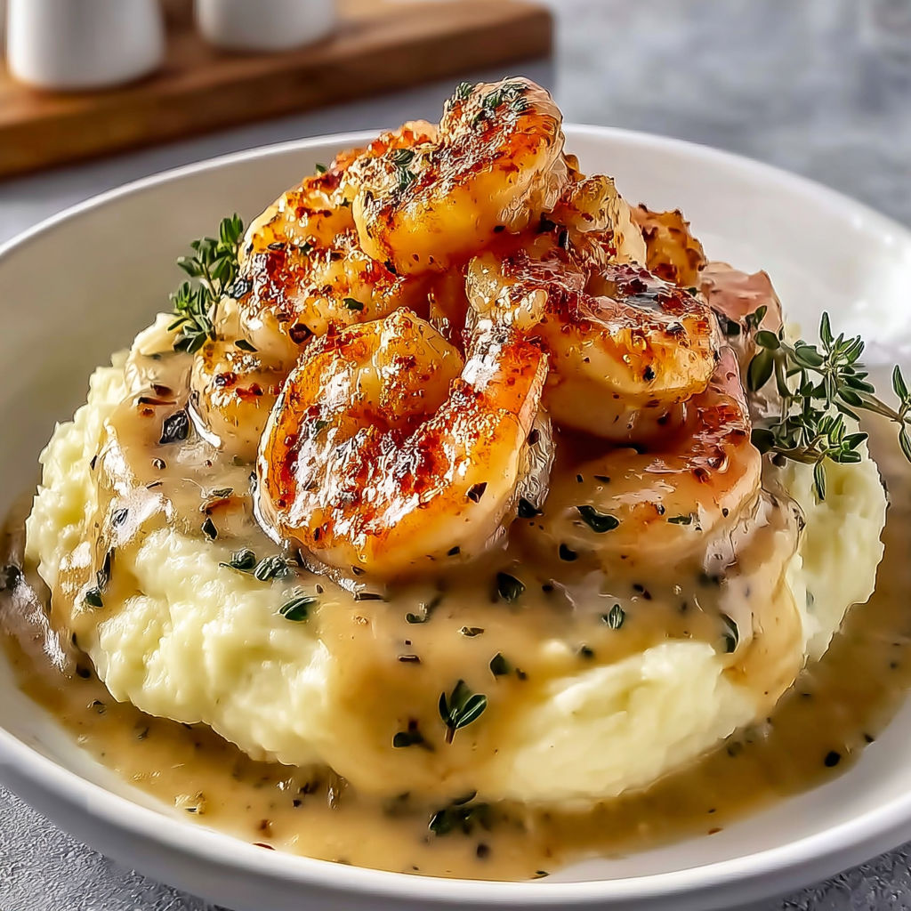 Une délicieuse assiette de crevettes en sauce avec purée maison.