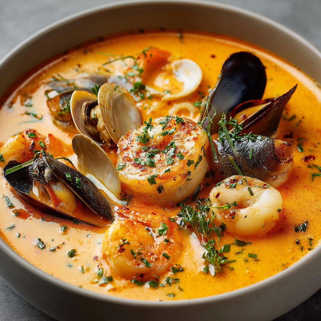 Un bol rempli de soupe crémeuse aux fruits de mer, garnie de moules et de langoustines, accompagné d'herbes fraîches.