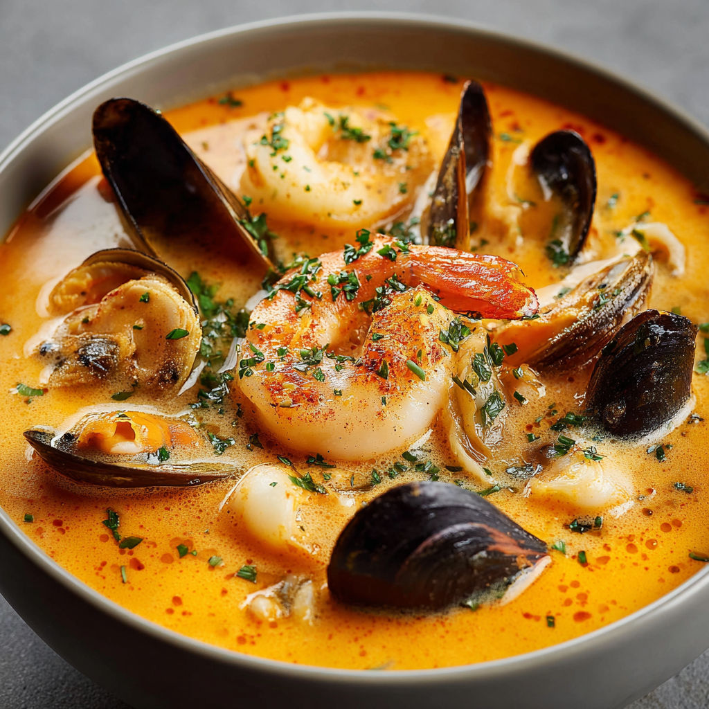 Un bol bien crémeux rempli de fruits de mer, moules et épinards, tout ça servi chaud.