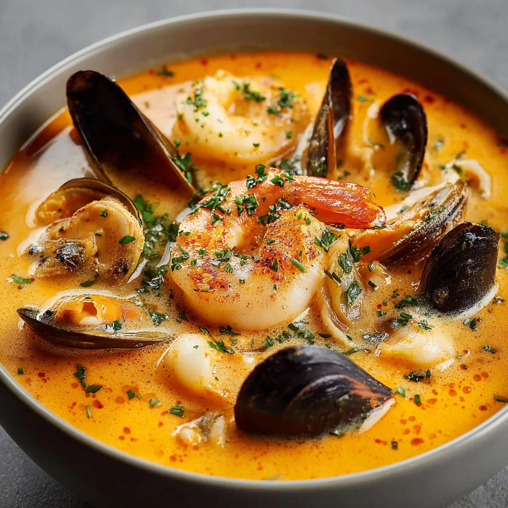 Un bol bien crémeux rempli de fruits de mer, moules et épinards, tout ça servi chaud.