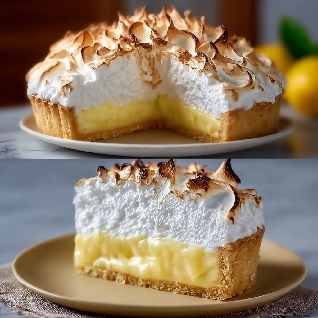 Délicieux gâteau citron meringué avec une part entamée, disposé élégamment sur un plateau.
