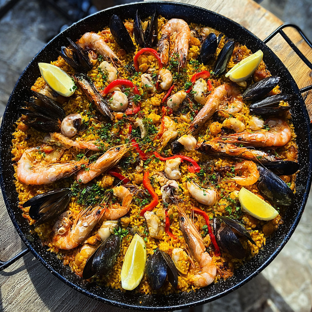 Une immense paella cuisinée dehors, garnie de langoustines, légumes colorés et riz, servie dans une grande poêle.