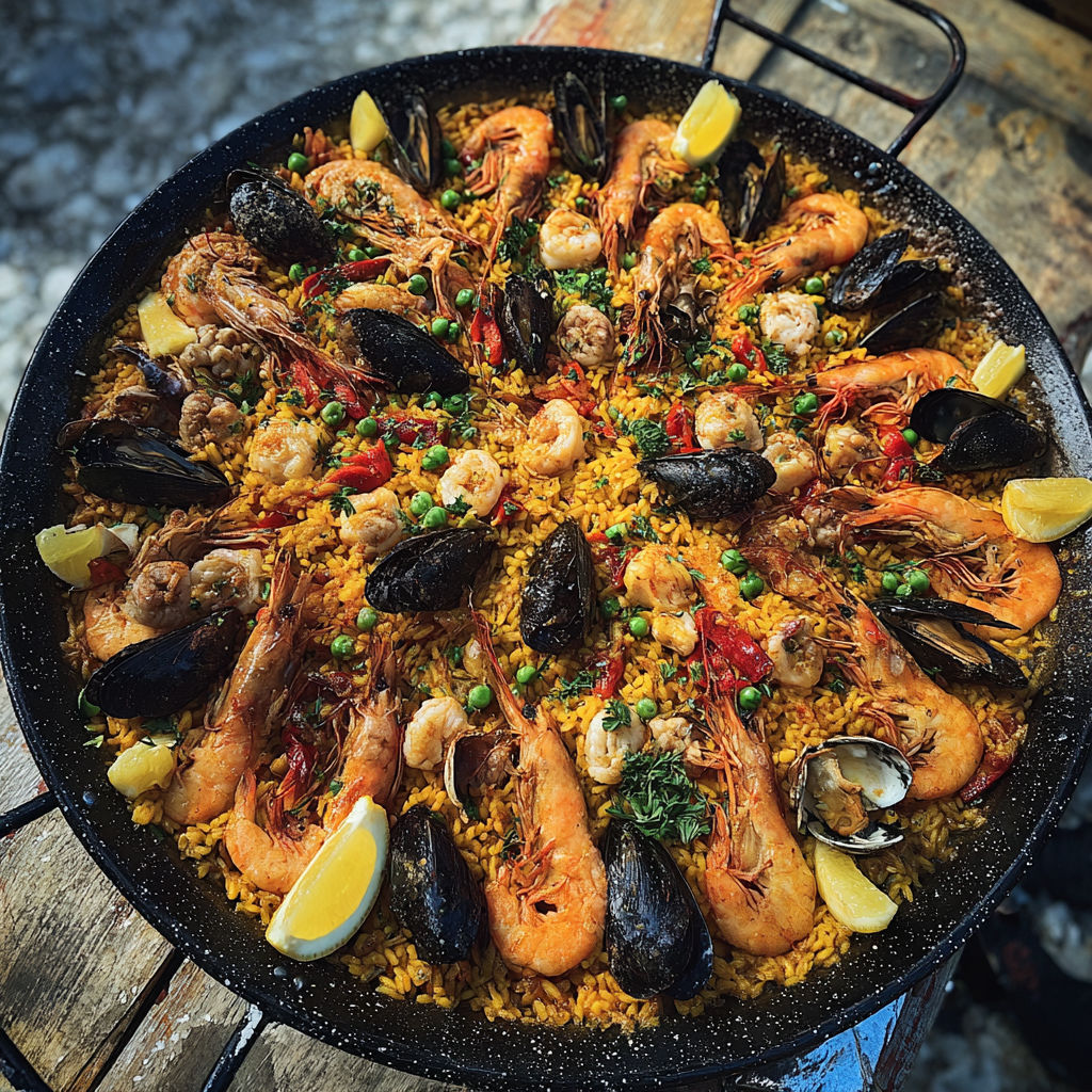 Plat de paella garni de fruits de mer et légumes colorés.