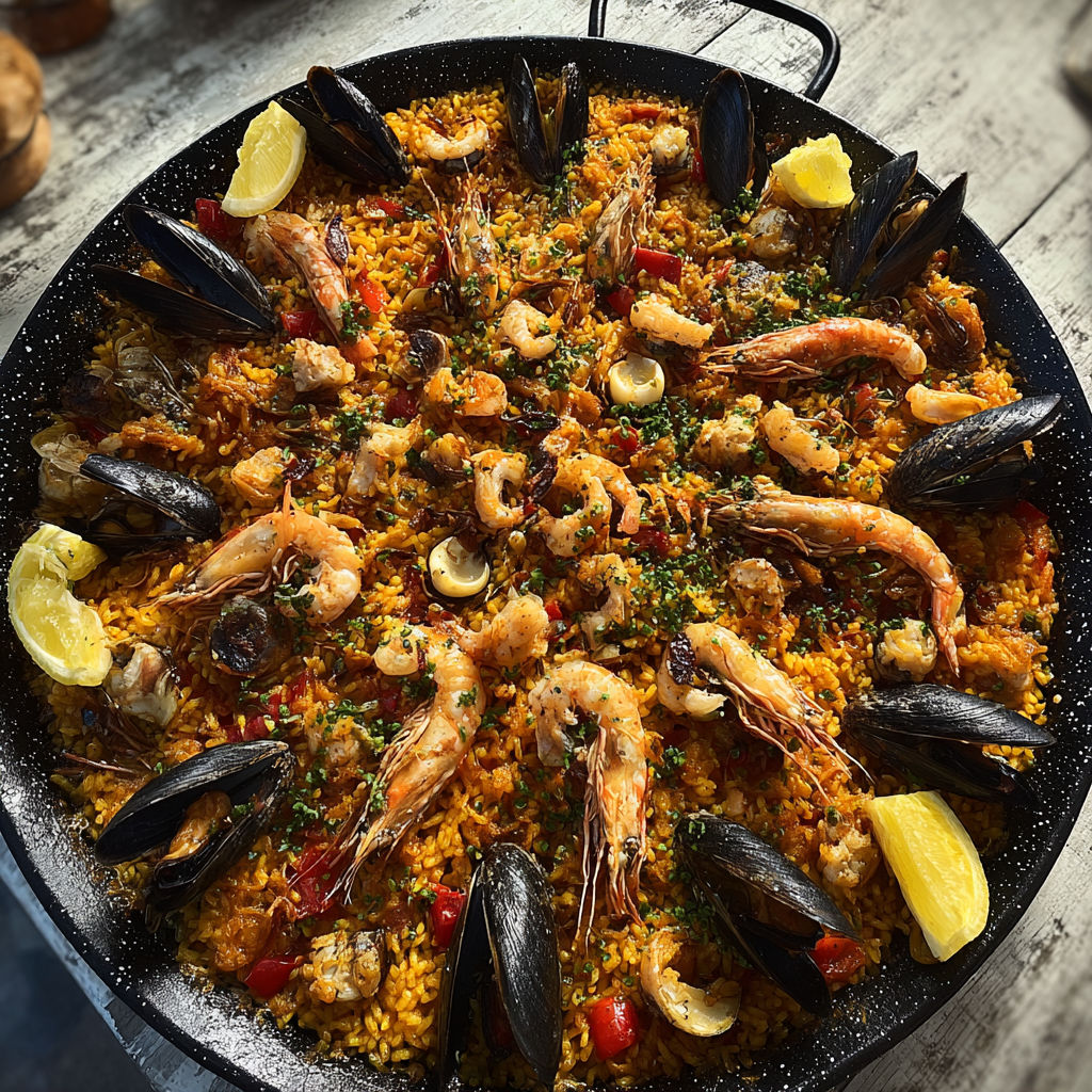 Paella colorée avec moules, tomates, oignons et épinards.