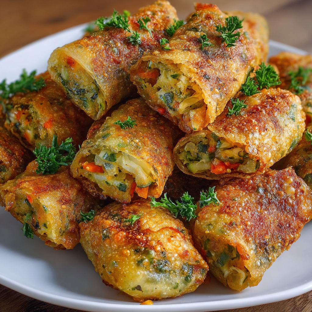 Des briouates dorées et croustillantes avec une farce de légumes, joliment présentées sur un plateau.